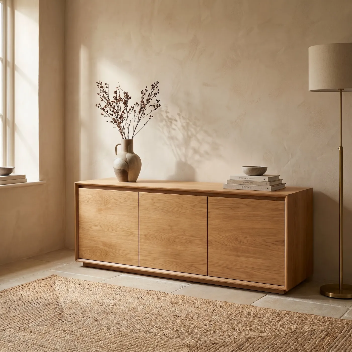Low oak media cabinet with clean lines, hidden cable access, and warm plaster wall